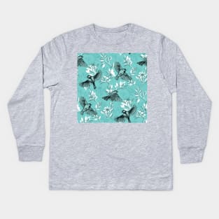 Flowers and Flight in Monochrome Teal Kids Long Sleeve T-Shirt